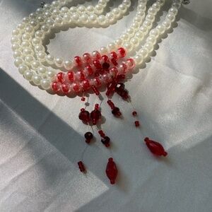 Glam Red Beaded Pearl Choker Necklace | Elegant Gothic Statement Jewelry